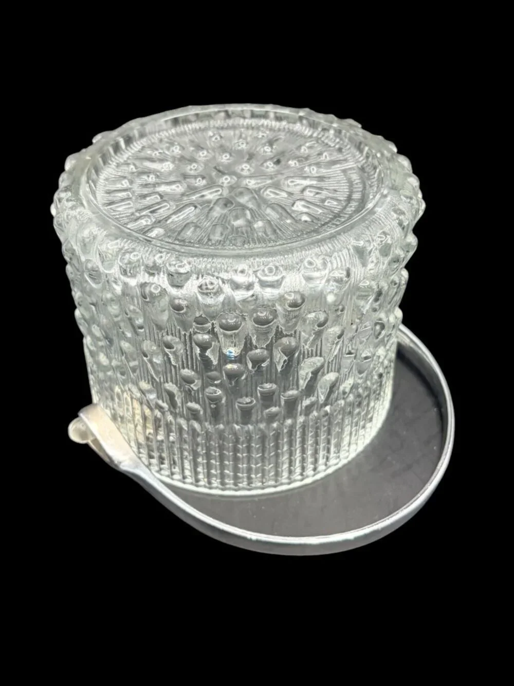 Vtg Teleflora French Glass Ice Bucket Biscuit Jar w/ Chrome Handle Textured MCM
